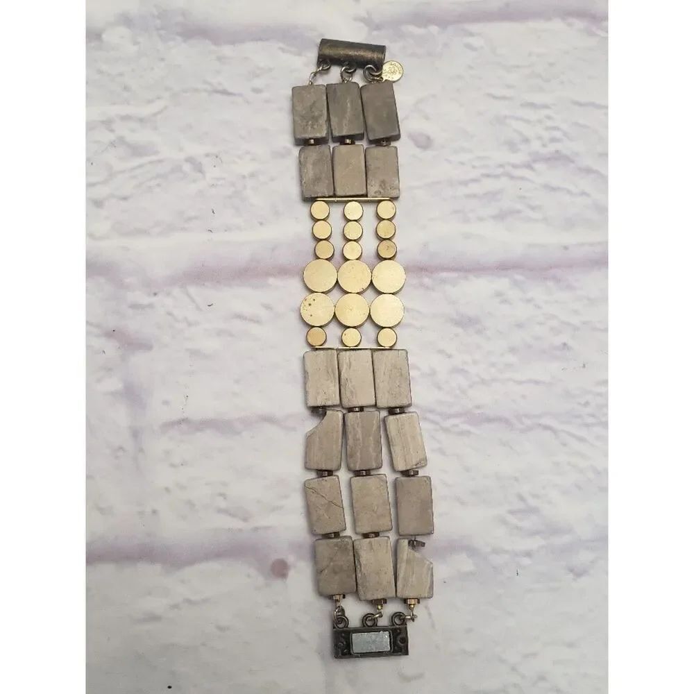 DAVID AUBREY Triple Strand Stone & Brass Bracelet Magnetic Closure
